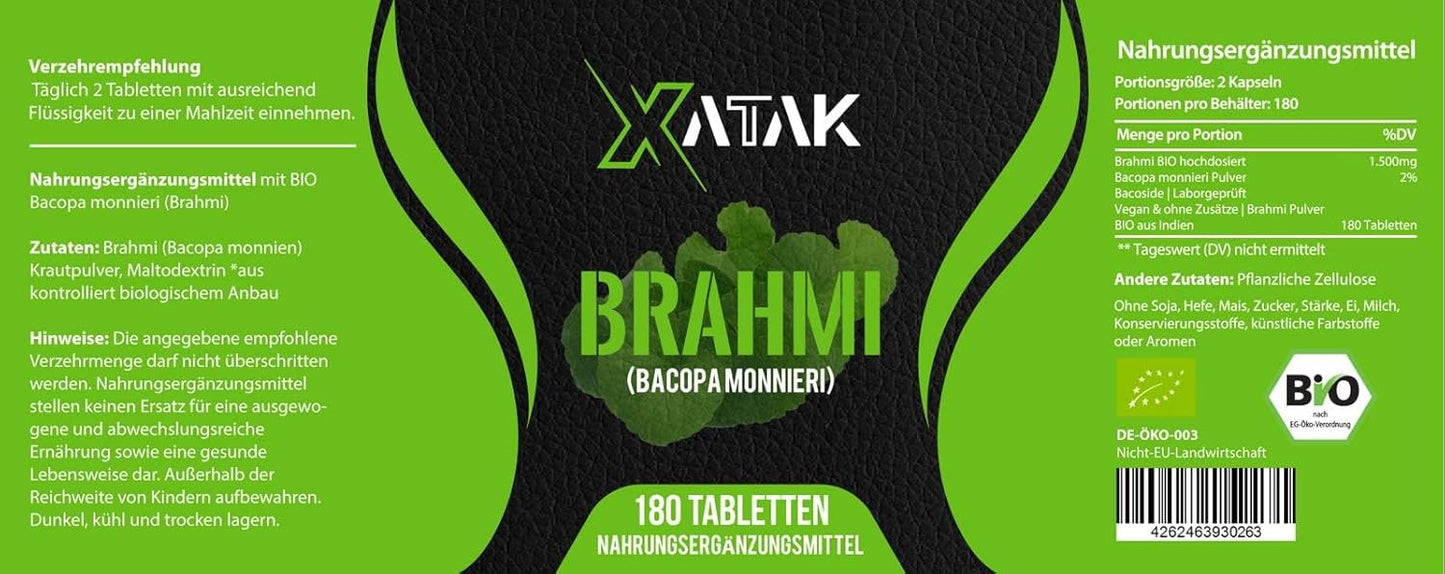 XATAK Bio Brahmi+ | 1.500mg Bacopa monnieri Pulver | 2% Bacoside | Laborgeprüft | Vegan & Zusatzfrei | Originale Brahmi Pulver BIO aus Indien 180 Tabletten
